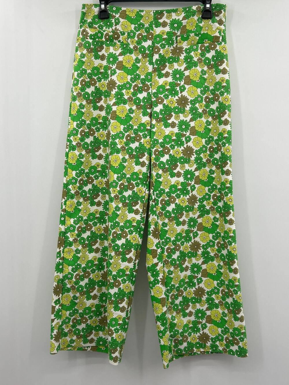 MNG Mango Floral Wide Leg Crop Pants Size 8 Green Yellow Retro Flower Print Mod